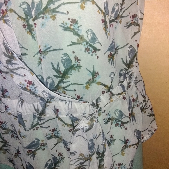 H&M Sheer light blue Bird Print Ruffle puffed Blouse as 8 - Picture 5 of 6